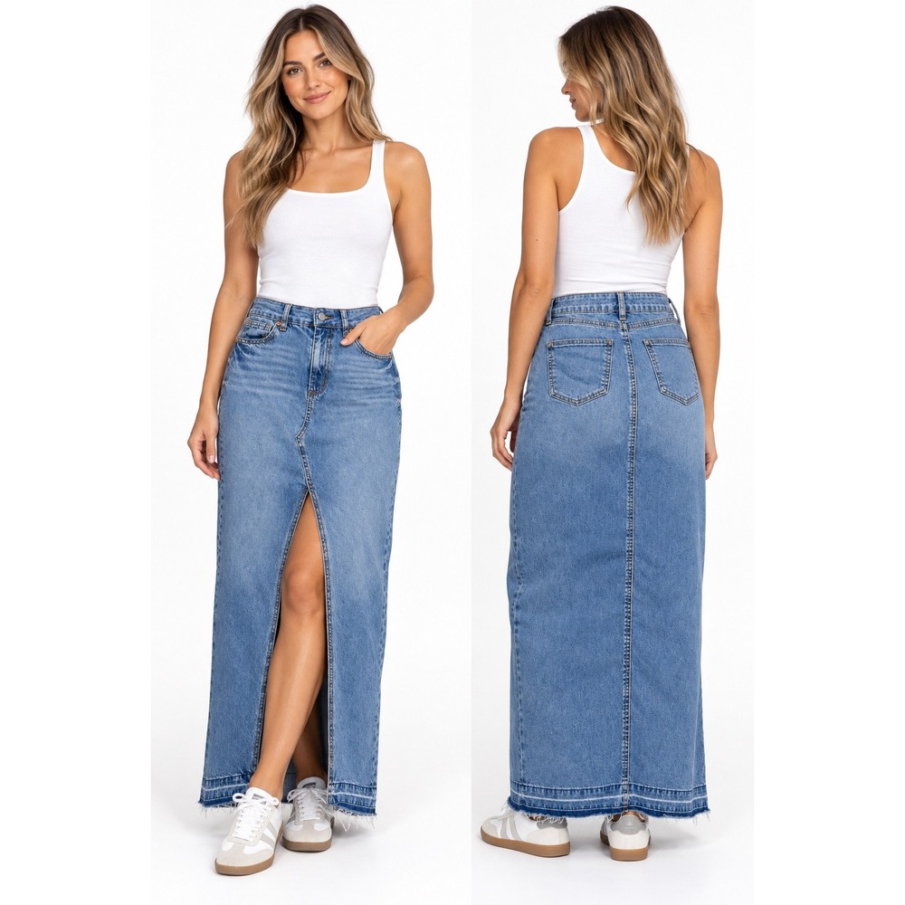 Sincerely Jules Denim Maxi Skirt Front Slit Frayed Hem Blue Jean Size 3/26
